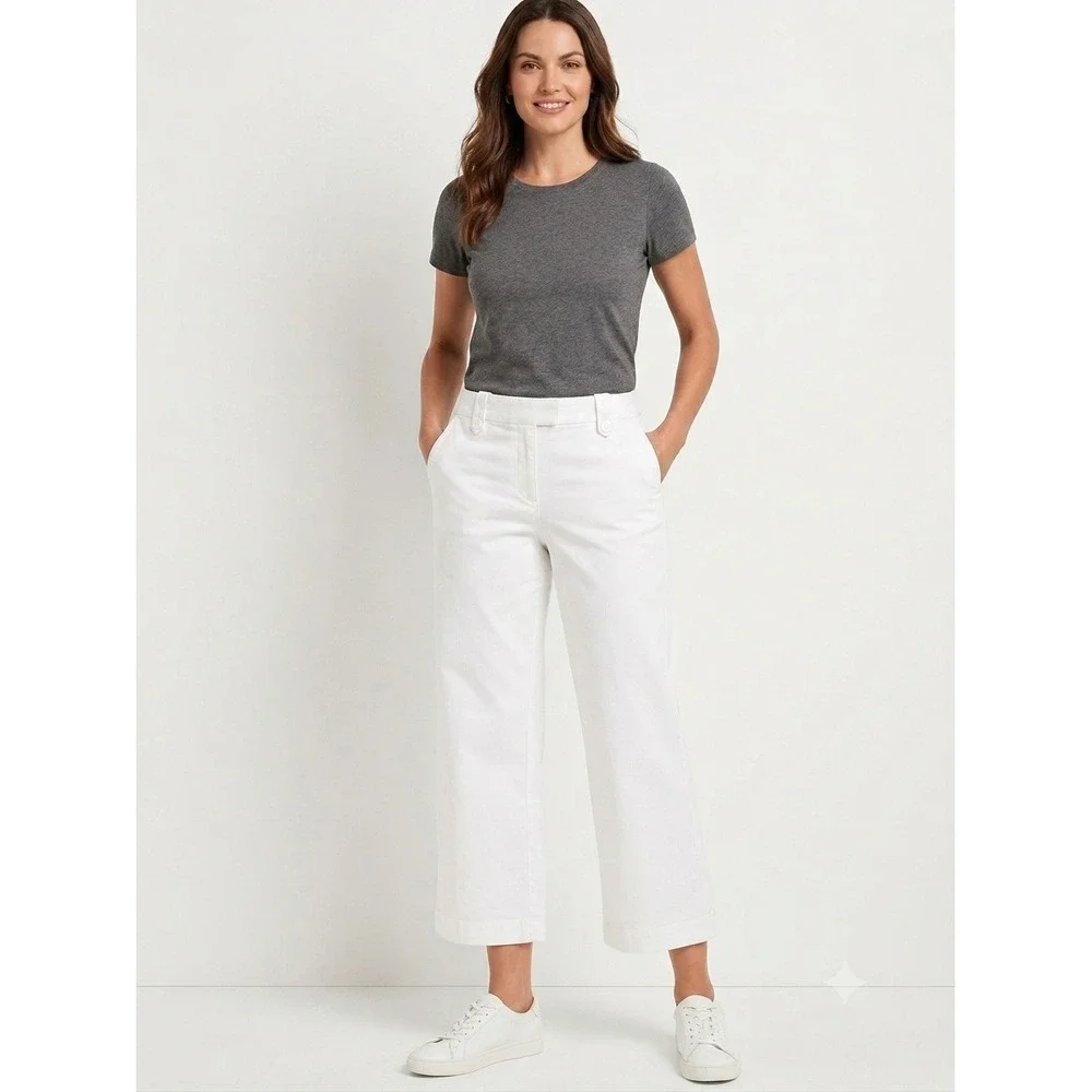 Talbots Wide‎ Leg Jeans Size 12P White High Rise Cropped Stretch Nautical Denimg